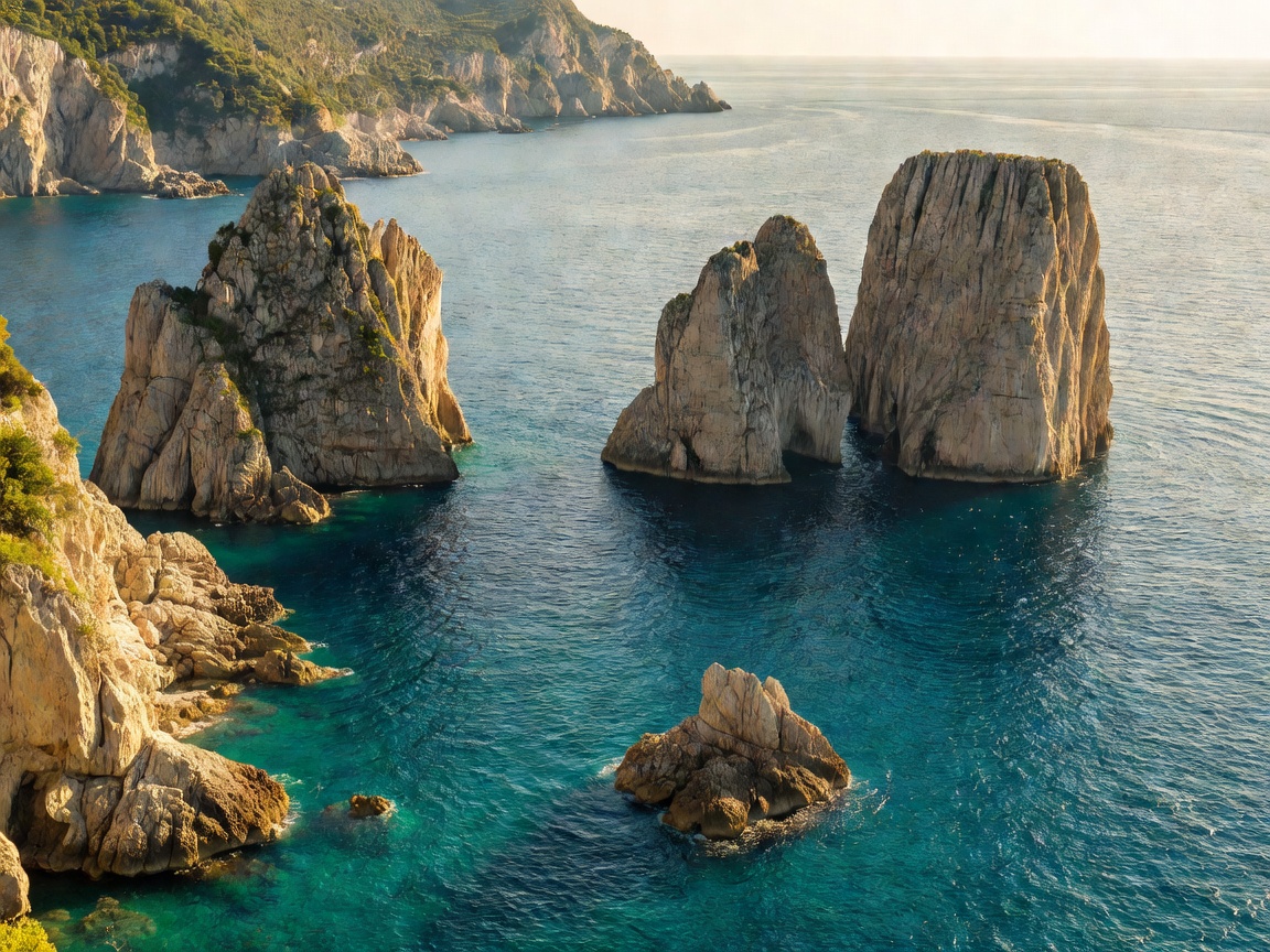 Faraglioni rock formations off the coast of Capri island in the Gulf of Naples, Italy
