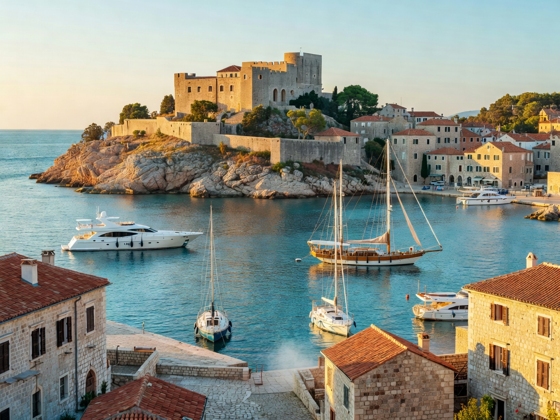 Historic harbor and Venetian fortress in Hvar, Croatia overlooking Adriatic yachts