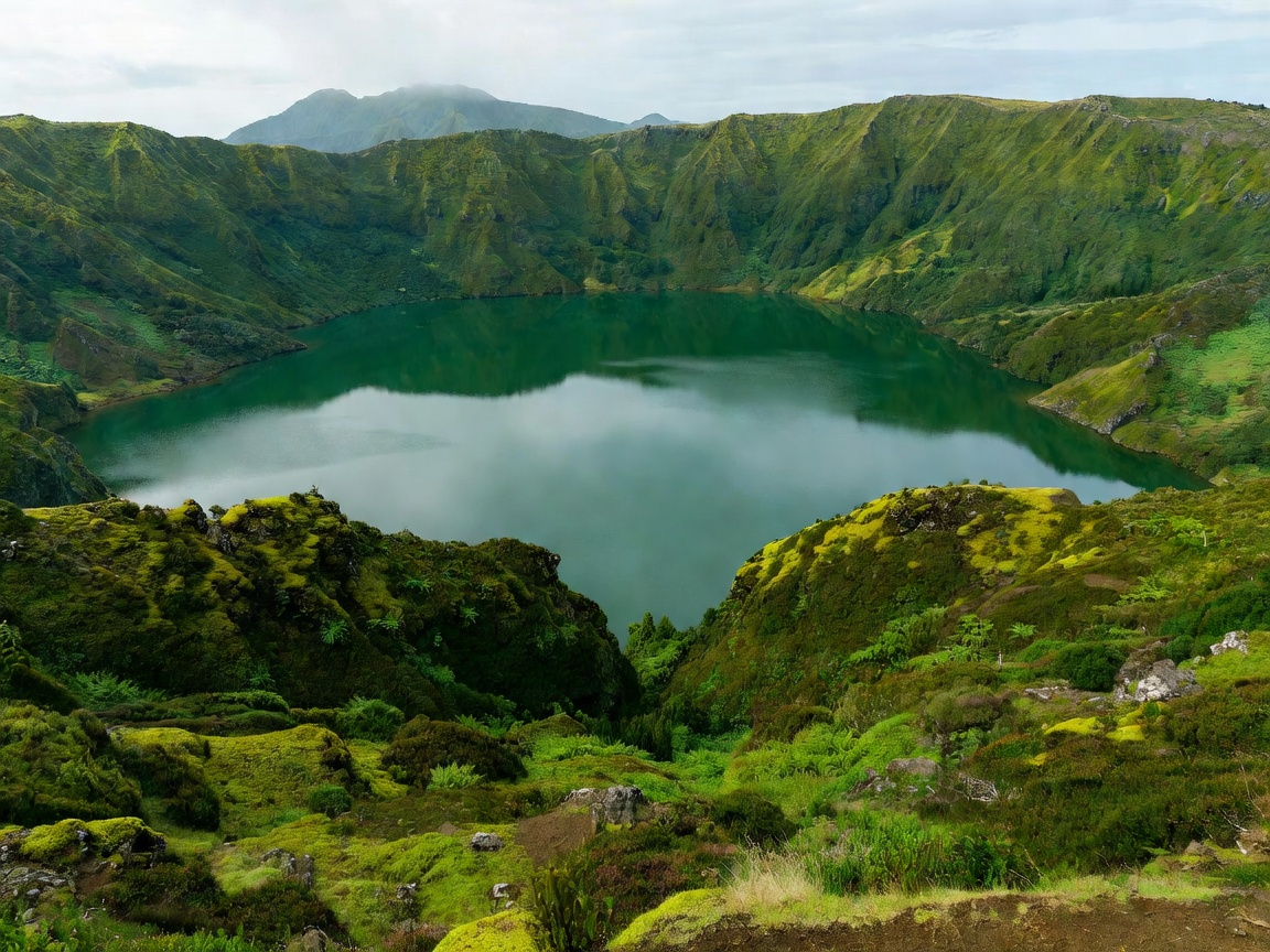 Lush green crater lake of Sete Cidades in São Miguel, Azores, Portugal