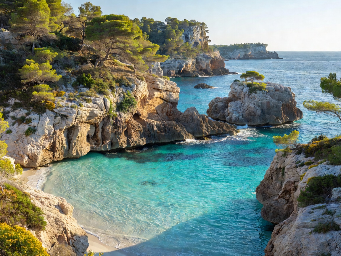 Scenic turquoise cove and limestone cliffs along the coast of Mallorca, Spain