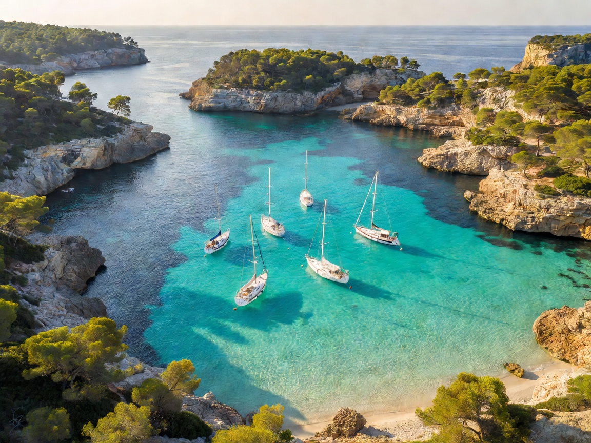 Spectacular aerial view of a turquoise cove and anchored sailboats in Mallorca