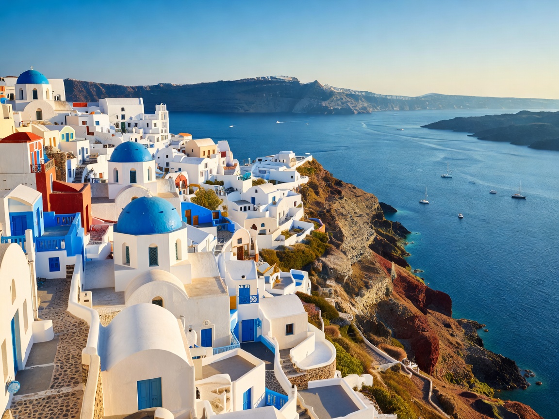 Spectacular white and blue cliffside architecture of Oia overlooking the caldera in Santorini, Greece