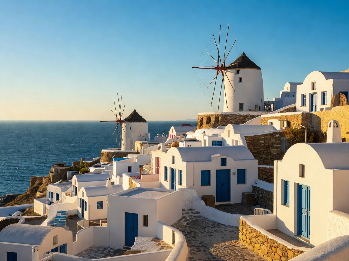 Sunlight reflecting off traditional Greek island windmills and whitewashed houses