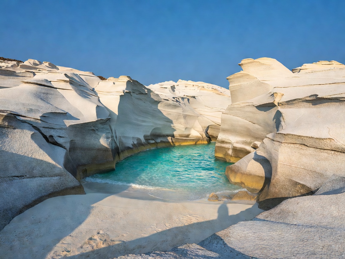 White volcanic rock formations of Sarakiniko beach on Milos island, Greece